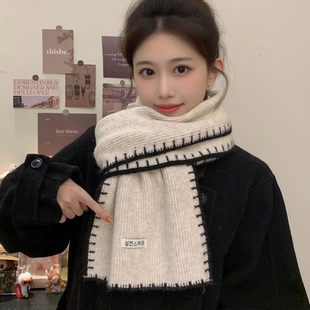 含羊毛高级感针织毛线米白围巾2025新款 保暖情侣围脖 学生男女冬季