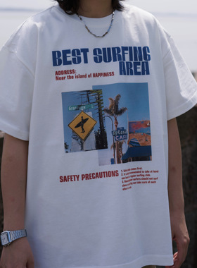 青年Culture】美式风景印花短袖夏季男女情侣款圆领蓝色印花T恤