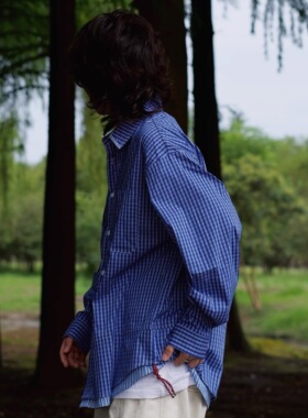 青年Culture】日系双层下摆细条纹宽松设计感蓝色宽松休闲衬衫