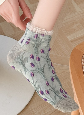 复古小花可爱花边袜子女短袜外穿搭配小皮鞋甜美花色短筒袜棉袜潮