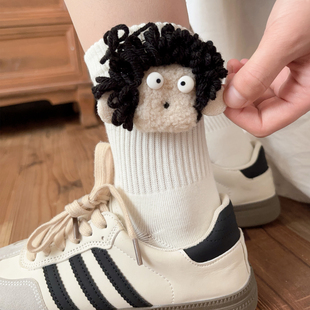 温小熊原创卷毛头个性娃娃中筒袜百搭高含棉抗起球面料学院风女袜