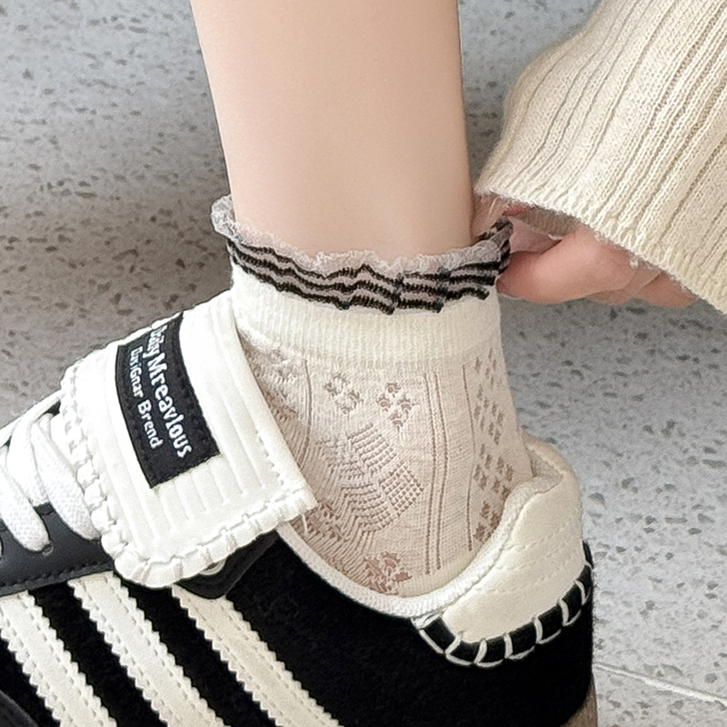 夏季新款网纱花边袜子女百搭吸汗透气棉袜短袜春秋时尚短袜网红款