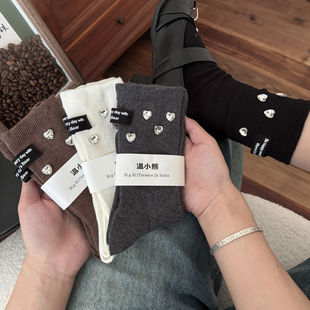 温小熊四季 彩棉4颗爱心钻后跟布标女士堆堆袜98棉舒适柔软中筒袜
