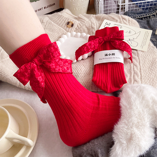 袜子女日系甜美蝴蝶结中筒袜潮个性可爱暗纹大红色堆堆袜新年ins