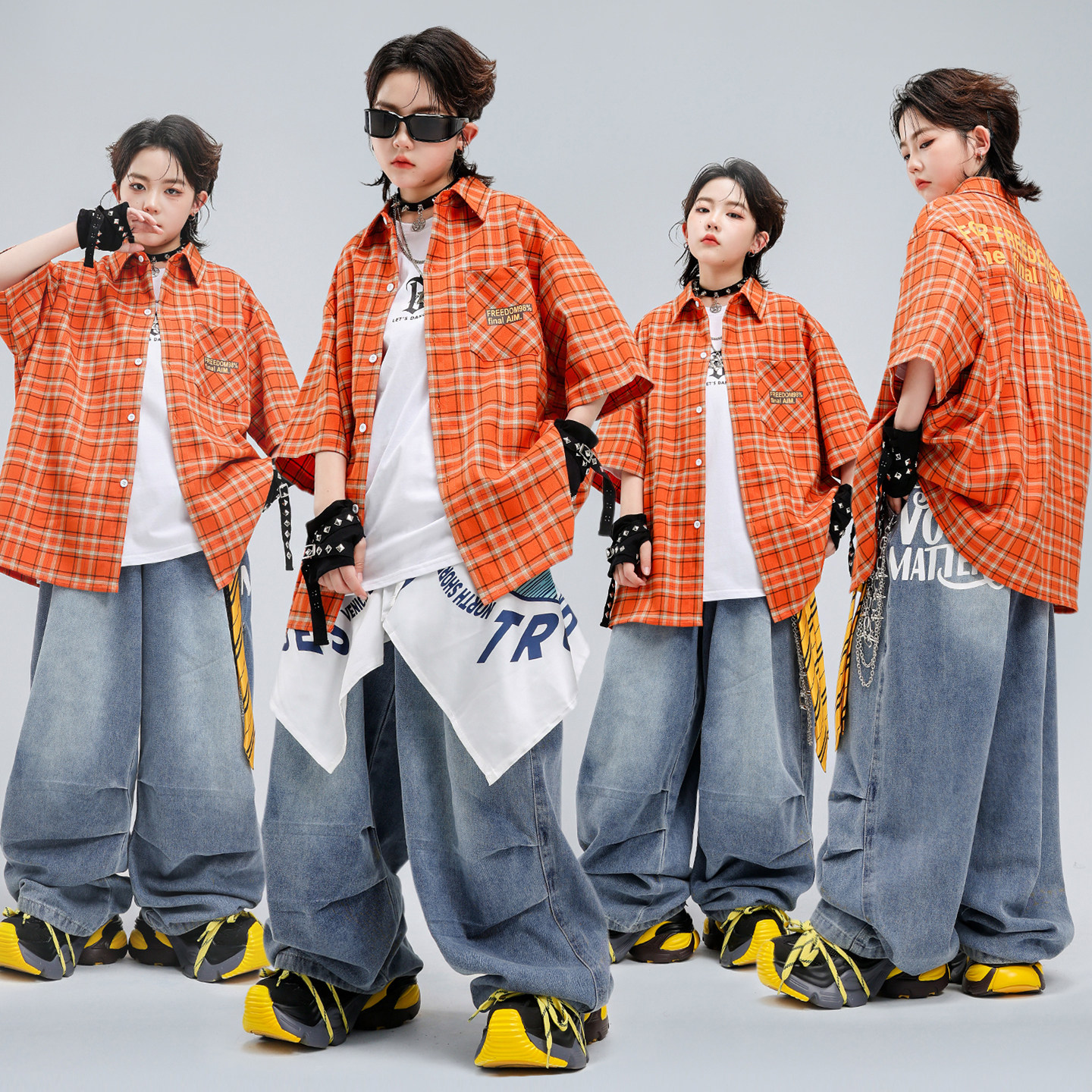 儿童港风衬衫嘻哈街舞演出服套装图片