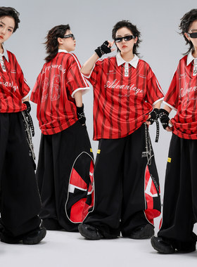 儿童红色POLO衫嘻哈街舞演出服装