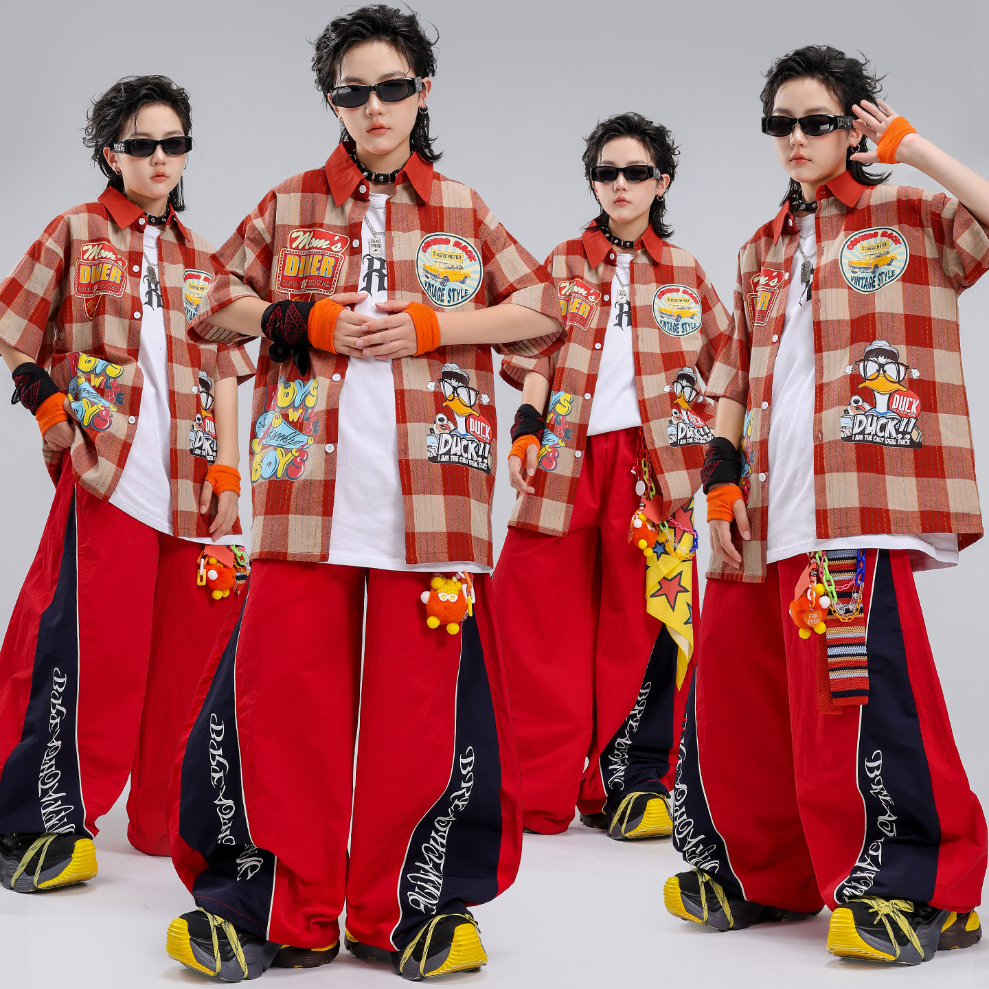 儿童格子衬衫嘻哈街舞演出服套装图片