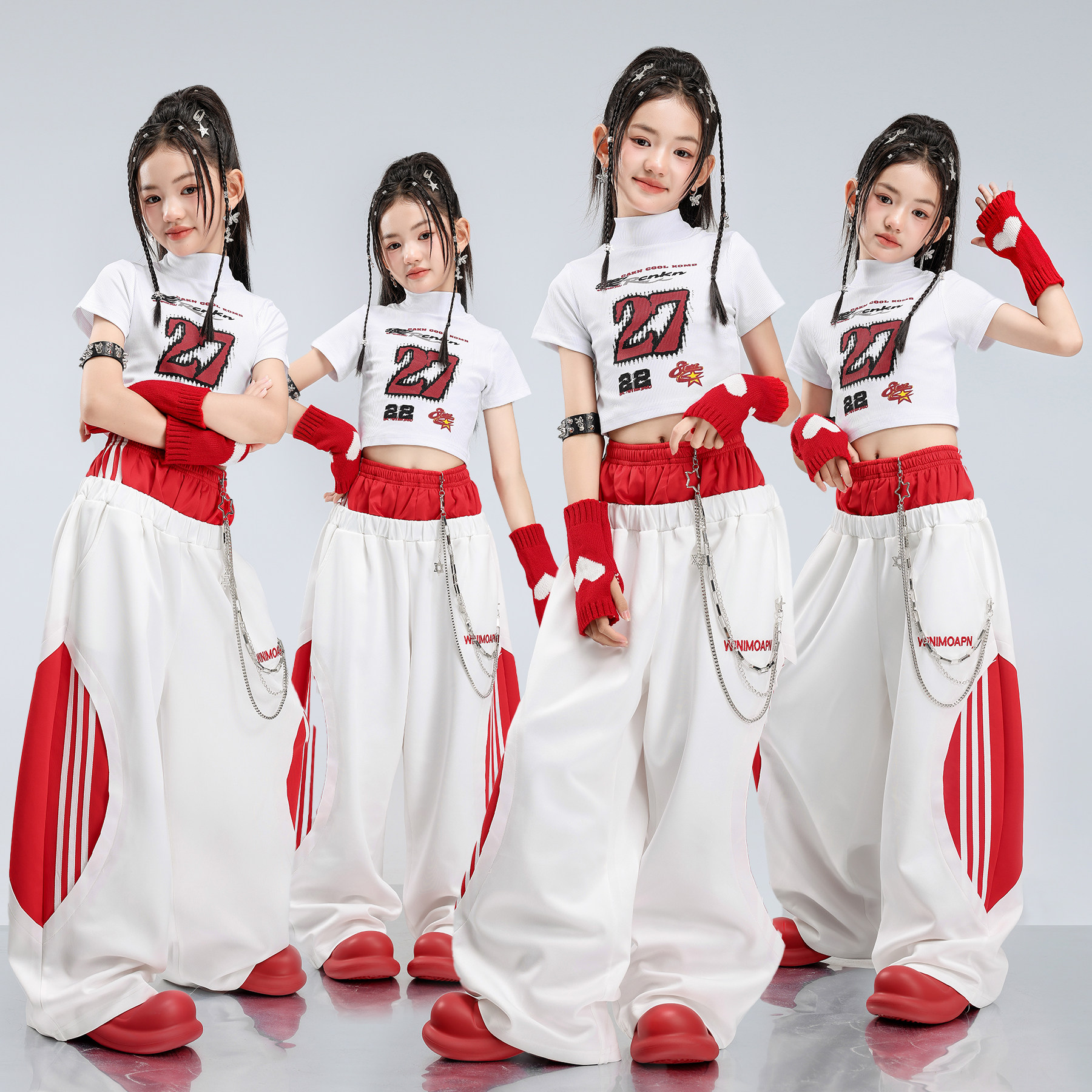 女孩子jazz爵士舞演出服女童甜美白色露脐T恤套装街舞韩舞练功服