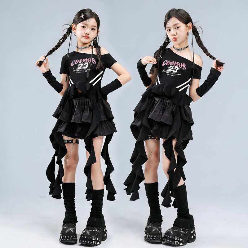 女孩爵士舞服装女童甜美露肩上衣短裙啦啦队舞蹈服jazz街舞演出服