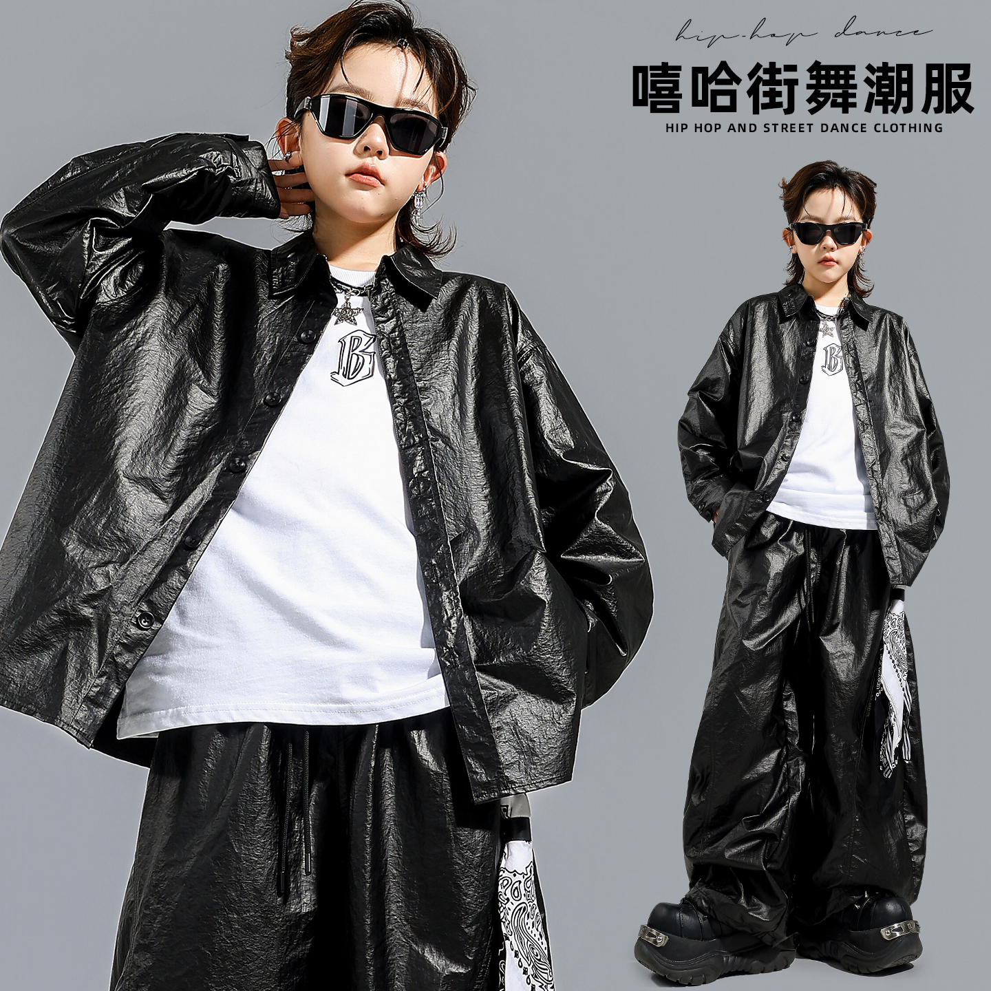 儿童黑色衬衫嘻哈街舞架子鼓服装