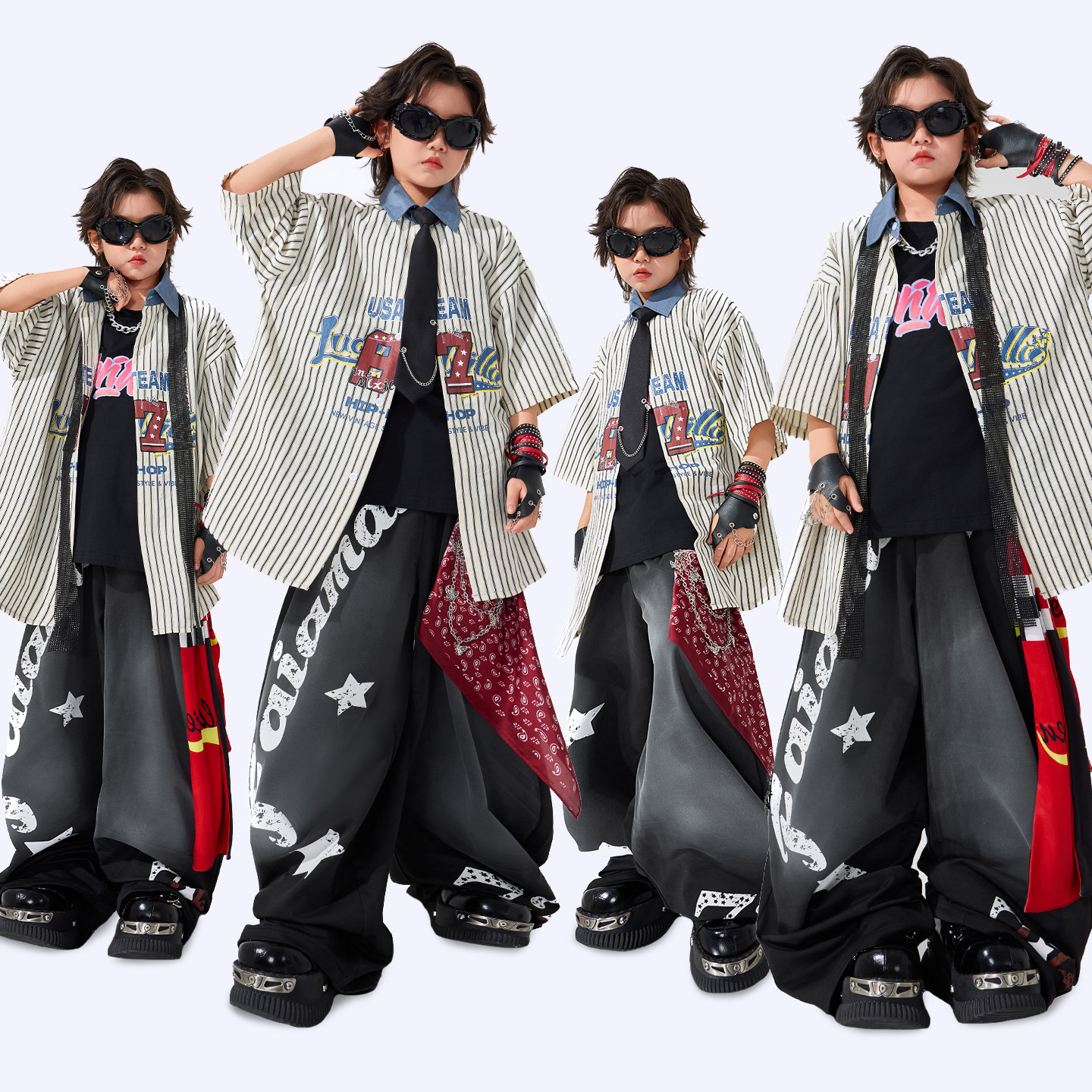 儿童酷帅条纹衬衫嘻哈街舞演出服图片