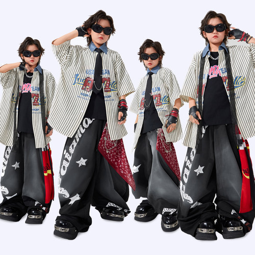 儿童酷帅条纹衬衫嘻哈街舞演出服