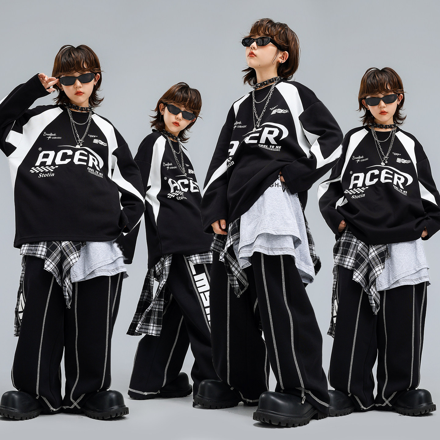 街舞儿童嘻哈表演出服男女童宽松卫衣运动裤套装hiphop舞蹈练功服