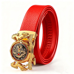 2026年马到成功大红皮带自动扣牛皮腰带生肖自动扣结婚红皮带男女