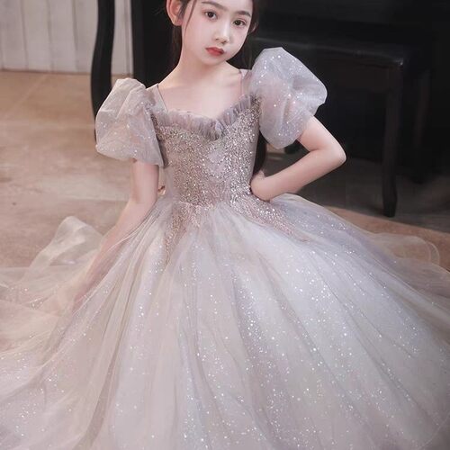 女童礼服新款夏季灰色泡泡袖公主裙小主持人钢琴演奏国庆礼服