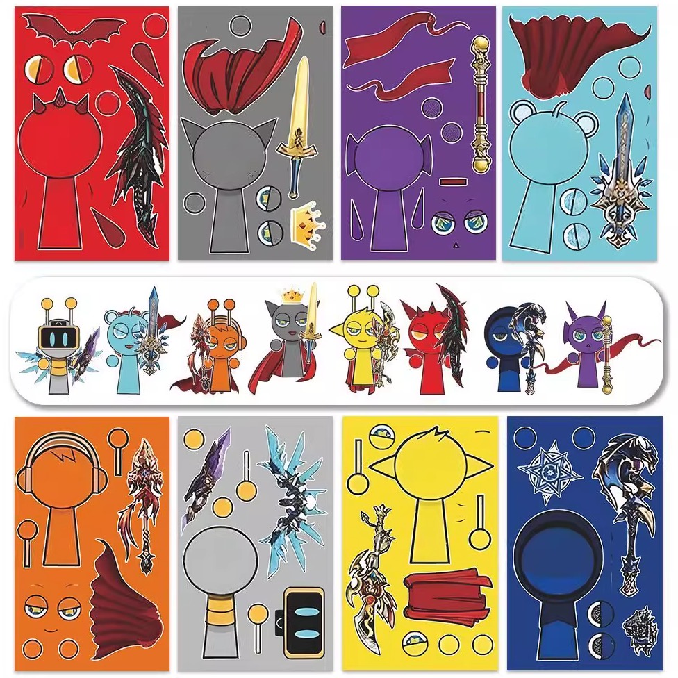 sprunki节奏盒子帅气武器换装贴纸炫酷趣味儿童diy手工拼装贴画纸