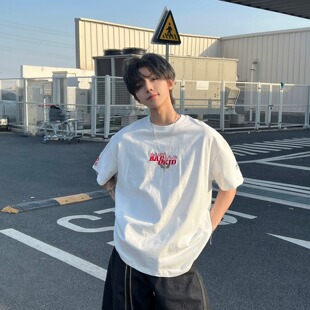 美式重磅纯棉复古小火苗刺绣短袖T恤男女夏季新款宽松情侣上衣潮