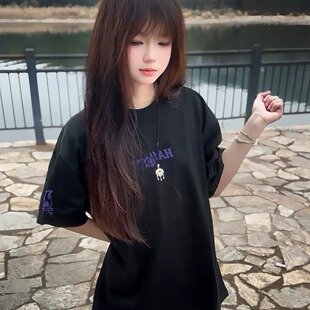 美式复古小火苗刺绣短袖T恤女潮牌夏季新款宽松百搭休闲情侣上衣