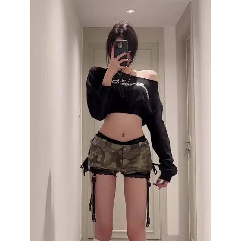 设计感侧边绑带迷彩牛仔半身裙女夏季亚文化防走光低腰包臀短裙裤