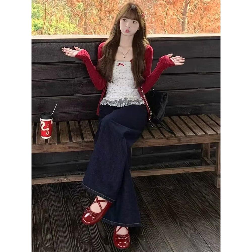 蝴蝶结蕾丝花边小吊带背心女夏季红色开衫短款无袖上衣甜美性感风