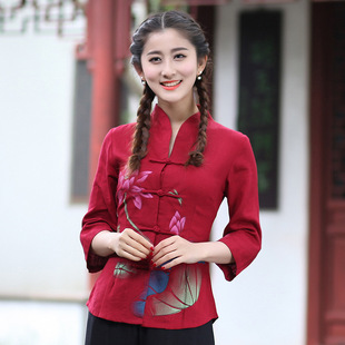 新款 棉麻女装 亚麻长袖 短款 夏装 衬衣女士修身 印花上衣茶服 包邮