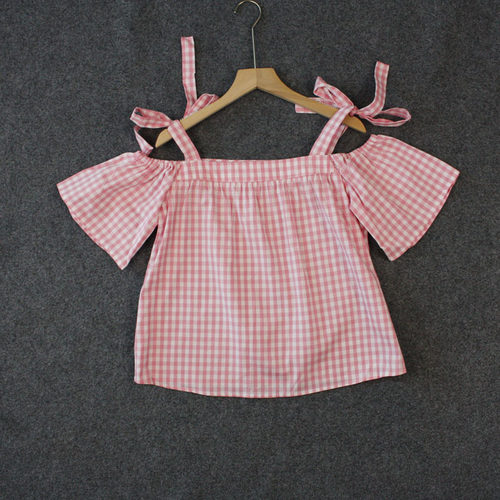 艾格夏季甜美休闲百搭粉色格子棉露肩套头衬衫