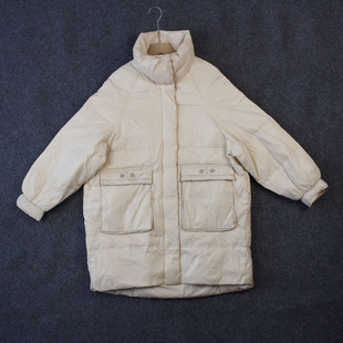 冬季甜美休闲百搭无帽立领杏色长袖休闲宽松中长款纯色羽绒服