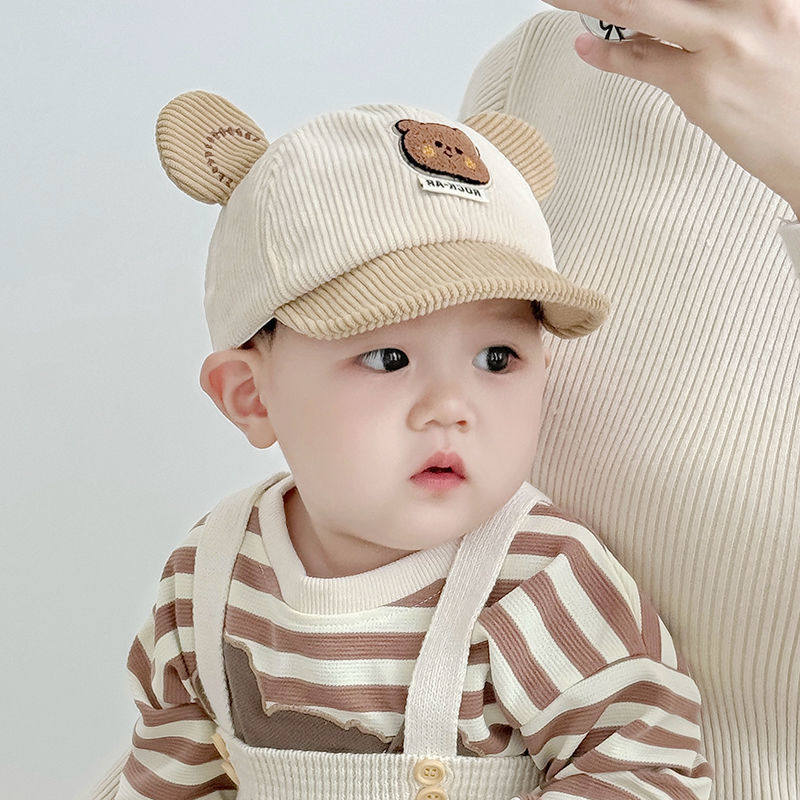 宝宝鸭舌帽子秋冬季超萌厚男女童可爱小熊防晒灯芯绒婴儿春秋软檐