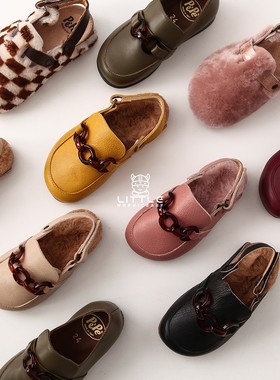 5Z Little家现货pepe 意大利制儿童鞋秋冬牛皮加绒福乐鞋毛拖鞋