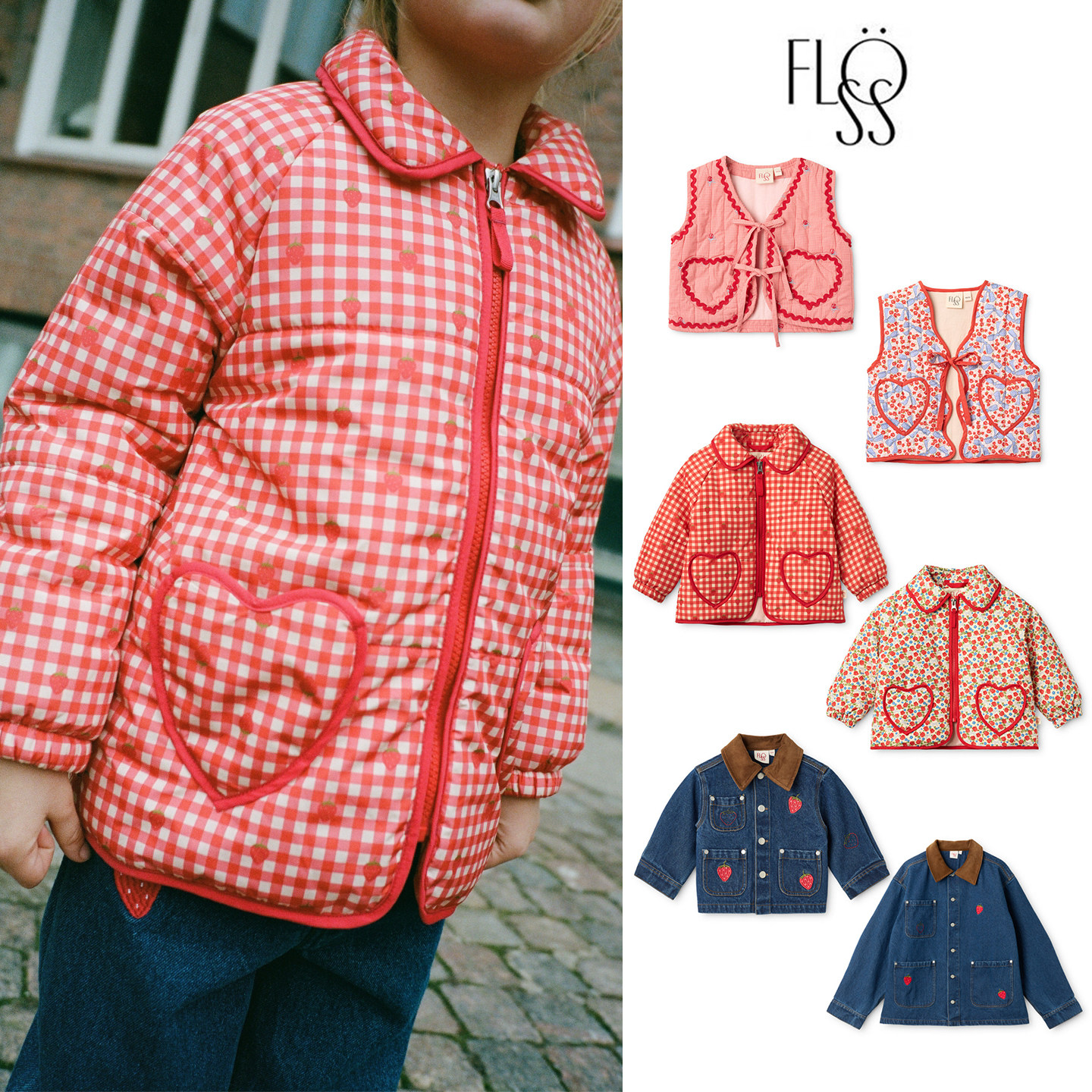 Little现货丹麦 floess FW26 秋冬翻领草莓棉服外套马甲亲子款