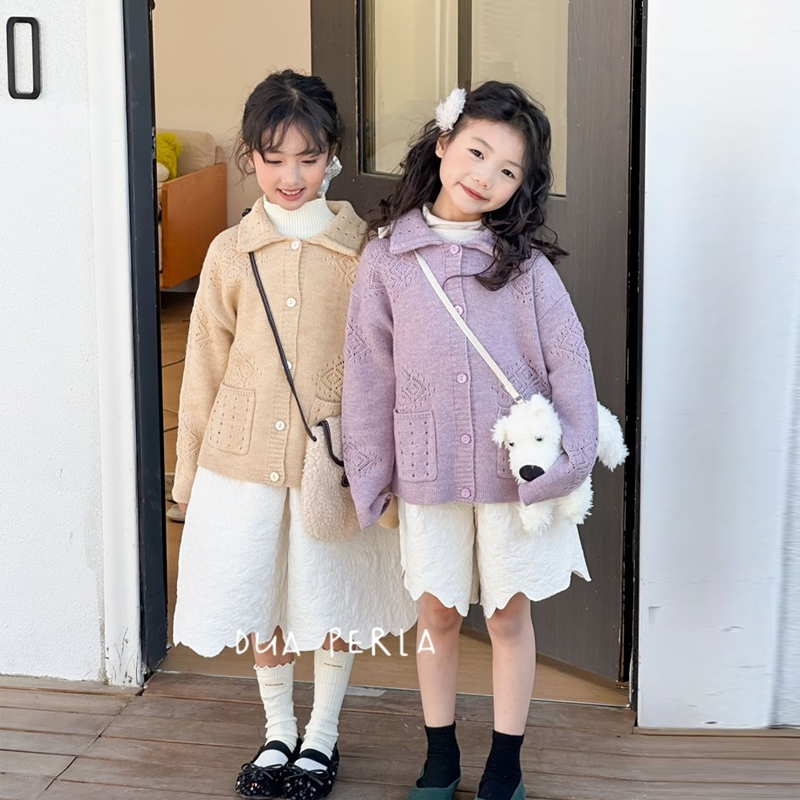 Little现货Dua perla FW25新款秋冬儿童多色镂空韩系翻领针织开衫