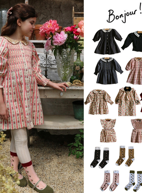 6Z Little现货 法国bonjour FW25女宝复古印花连衣裙袜子风衣外套