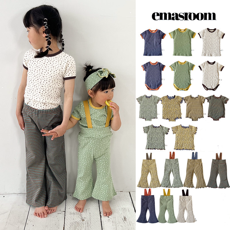 Little现货 日本emasroom SS26儿童宝宝包屁衣T恤背带喇叭裤套装