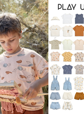 5Z现货Little家play up SS24儿童男宝印花短袖T恤短裤背带裤