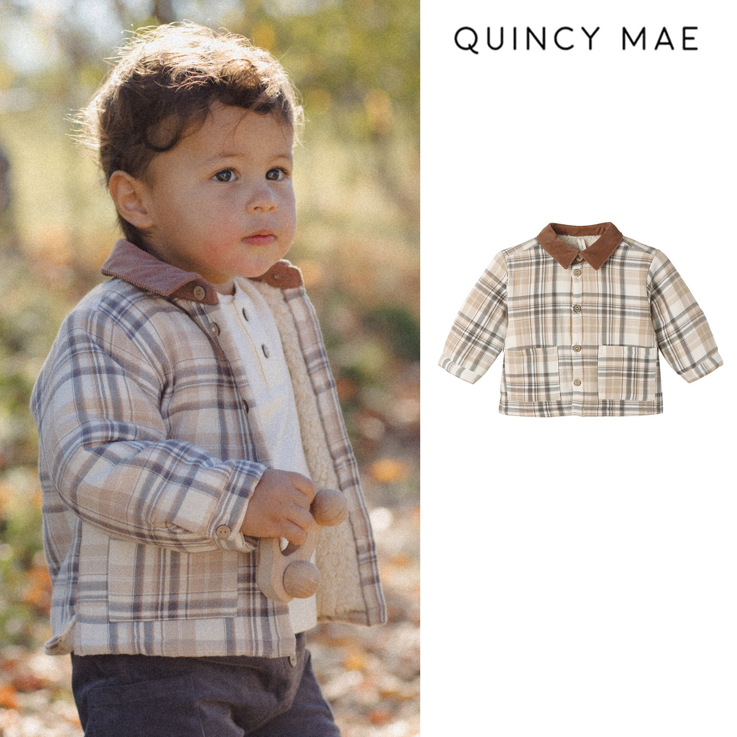 Lttle家现货 美国quincy mae FW26秋冬儿童格纹复古薄棉外套夹克