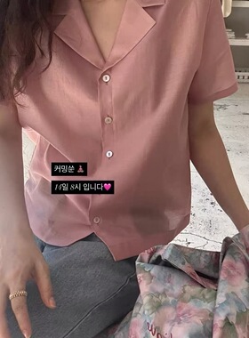 现货PREON自制清透粉色翻领短袖衬衫sienne