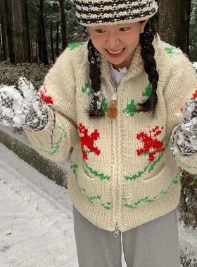 现货PREON自制复古北欧麋鹿提花圣诞新年氛围感纯羊毛保暖外套