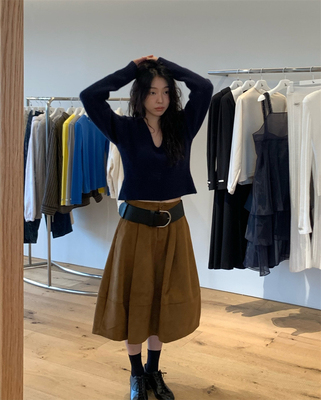 现货PREON工厂自制气质大v领氛围浣熊毛螺纹针织上衣overdue同款