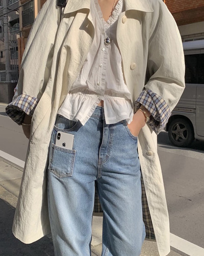 现货PREON工厂自制早春新款内翻格纹百搭通勤休闲风衣modestmood