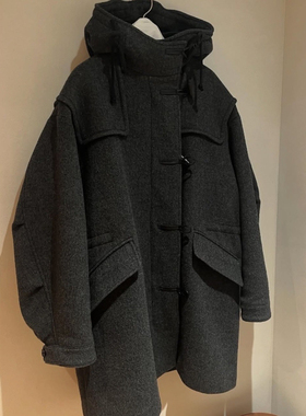 现货PREON工厂自制秋冬新款复古连帽牛角扣羊毛大衣外套LFM同款