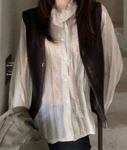 现货PREON自制春夏薄透褶皱系带格纹长袖衬衫verso