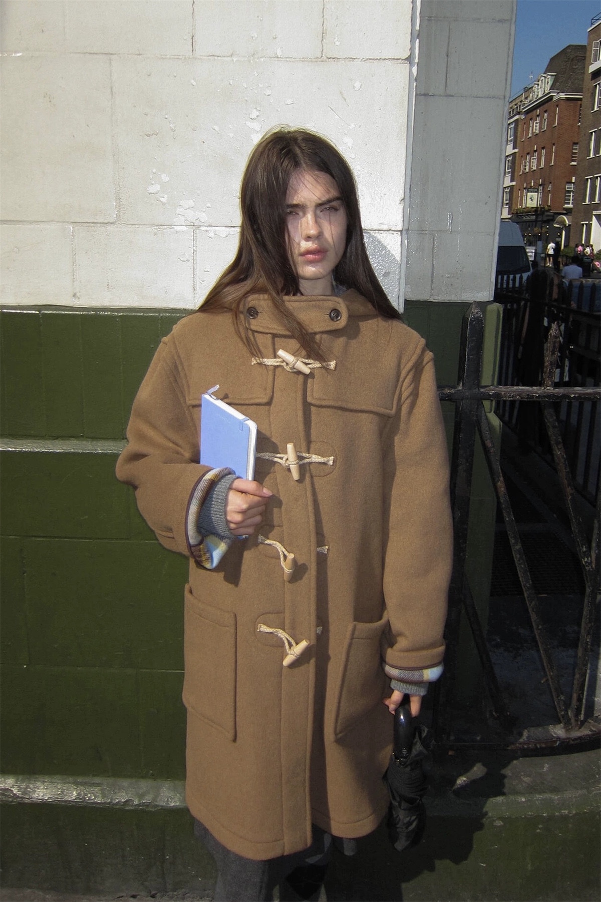 现货preon冬季自制baby酱气质学院风牛角扣连帽双面呢大衣外套