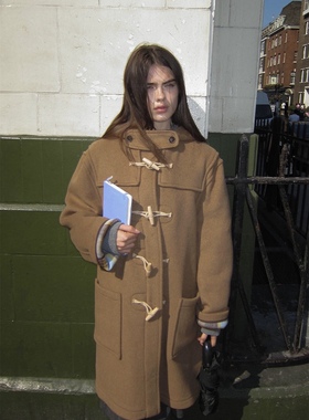 现货preon冬季自制baby酱气质学院风牛角扣连帽双面呢大衣外套