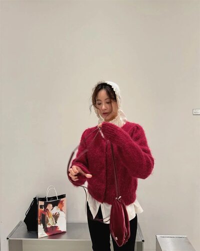 现货PREON工厂自制秋冬新款明媚绛红色显白百搭圆领马海毛开衫