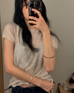 现货PREON工厂自制monoha同款薄透针织圆领短袖上衣系带背心套装