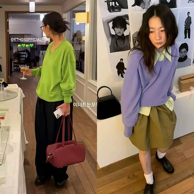 现货PREON工厂自制秋冬新款简约通勤v领宽松套头针织衫ethos风