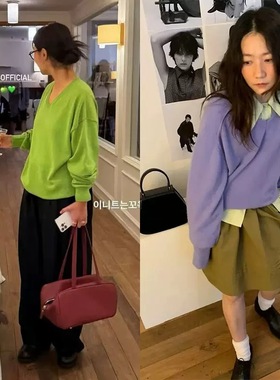 现货PREON工厂自制秋冬新款简约通勤v领宽松套头针织衫ethos风