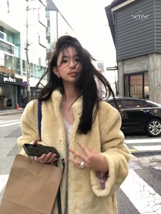 现货PREON工厂自制秋冬新款博主同款淡黄色温暖环保毛外套farven