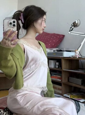 现货PREON自制春夏新款高级光泽感粉色蕾丝缎面吊带上衣半裙