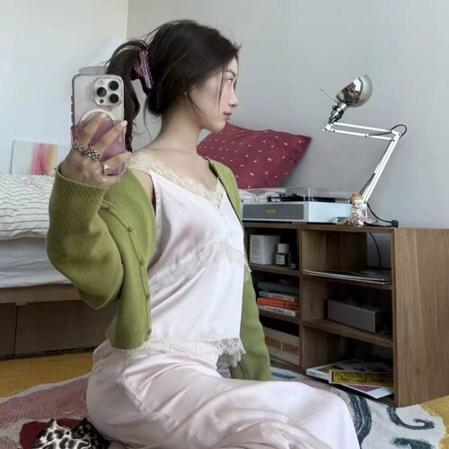 现货PREON自制春夏新款高级光泽感粉色蕾丝缎面吊带上衣半裙